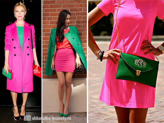 Какой цвет подойдет к цвету фуксия. Сочетание розового и зеленого в одежде. Сочетание розового и зеленого. Зеленый с розовым в одежде. Розовый и салатовый сочетание.